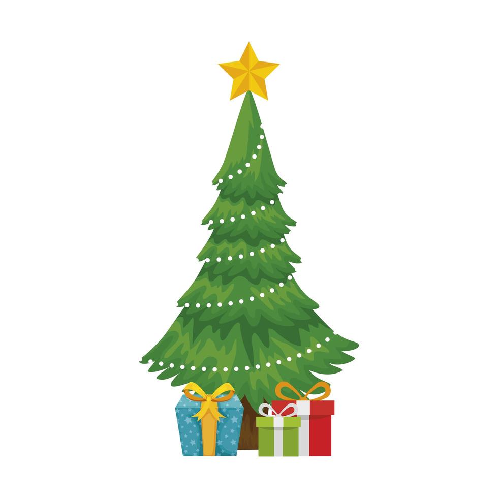 pino de navidad con cajas de regalo icono aislado vector