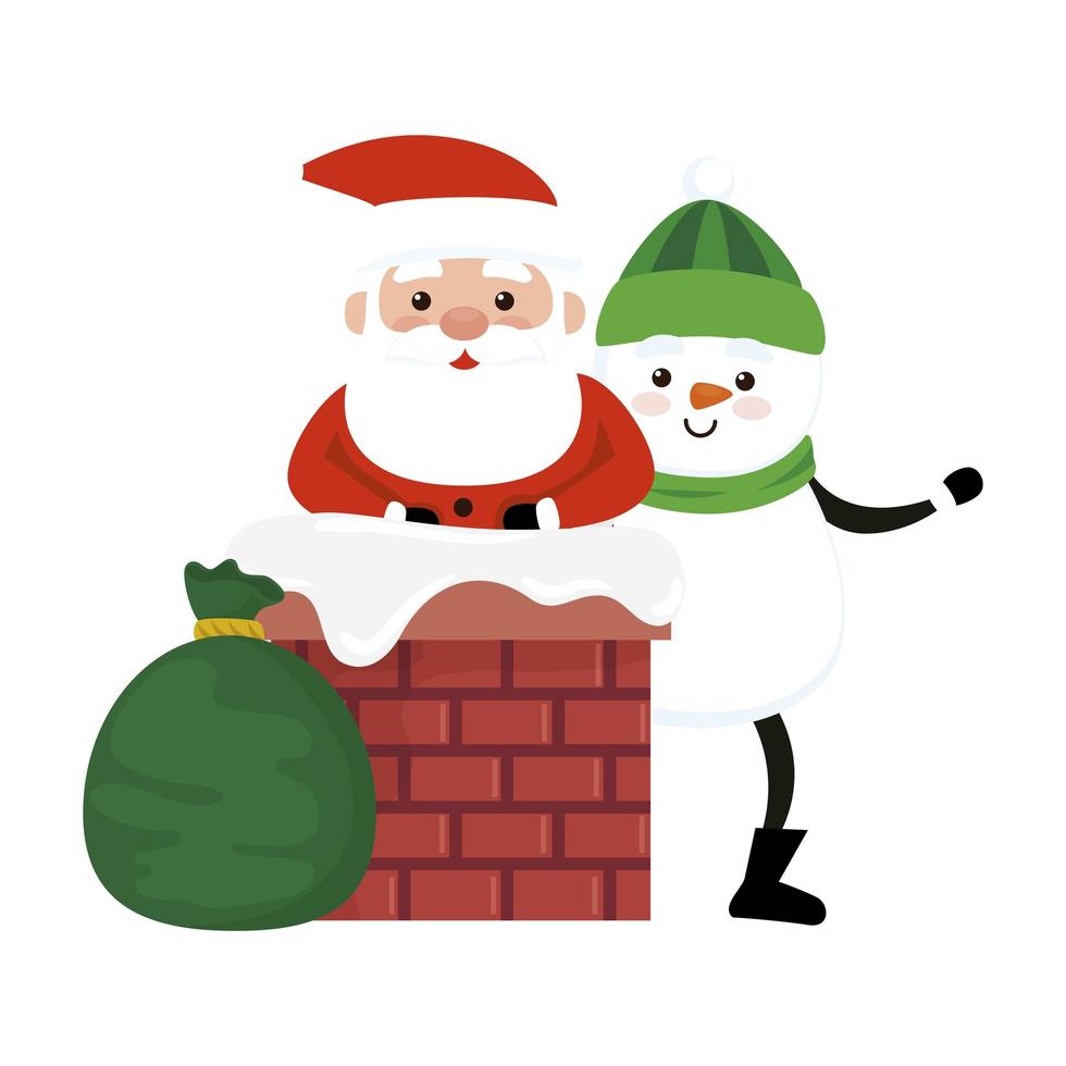 merry christmas santa claus with snowman in chimney vector