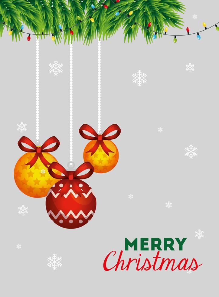 merry christmas poster with decorative balls hanging vector