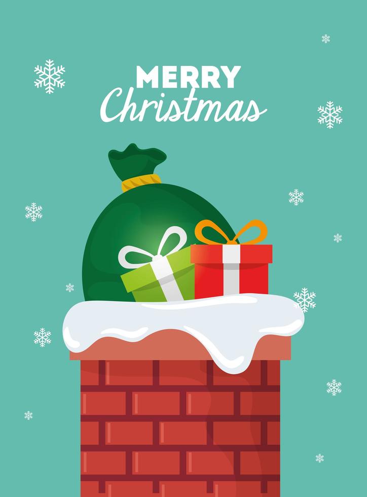 merry christmas poster with gift boxes and bags presents in chimney vector