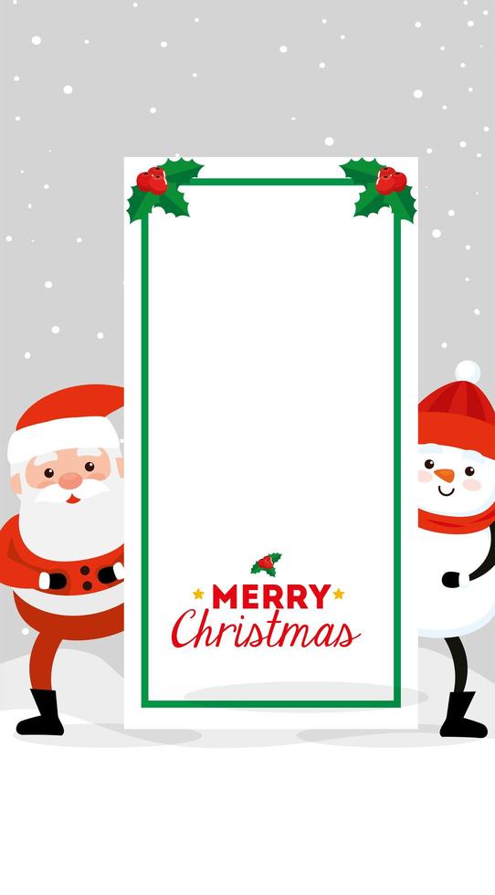 tarjeta de feliz navidad con santa claus y muñeco de nieve vector