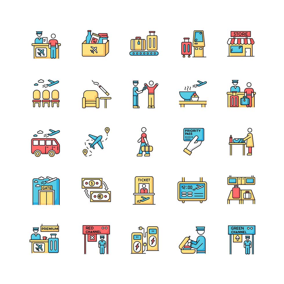 Airport terminal RGB color icons set. Boarding pass. Flight information. Smoking area. Lounge for passenger waiting. Transportation transit. Airline services. Isolated vector illustrations