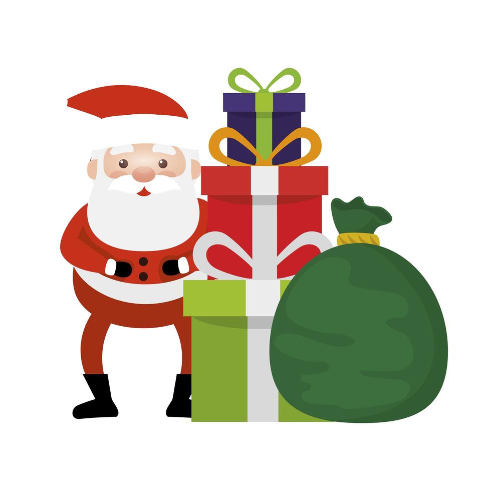 santa claus con bolsa y cajas de regalo presenta vector