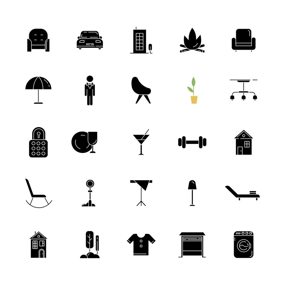 Apartment amenities black glyph icons set on white space vector