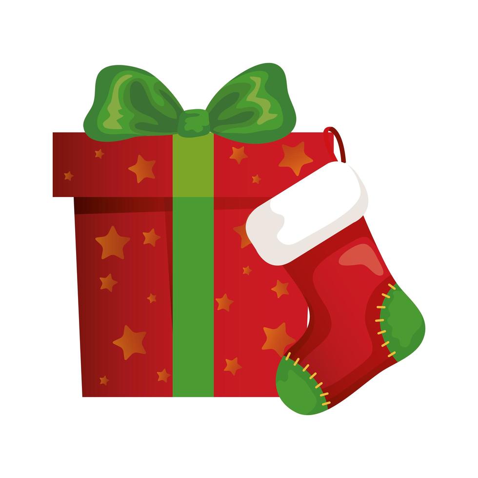 Caja de regalo con icono aislado de Navidad calcetín vector