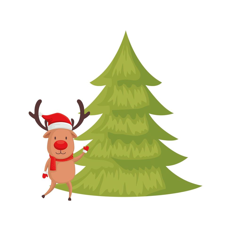 reno con pino de feliz navidad vector