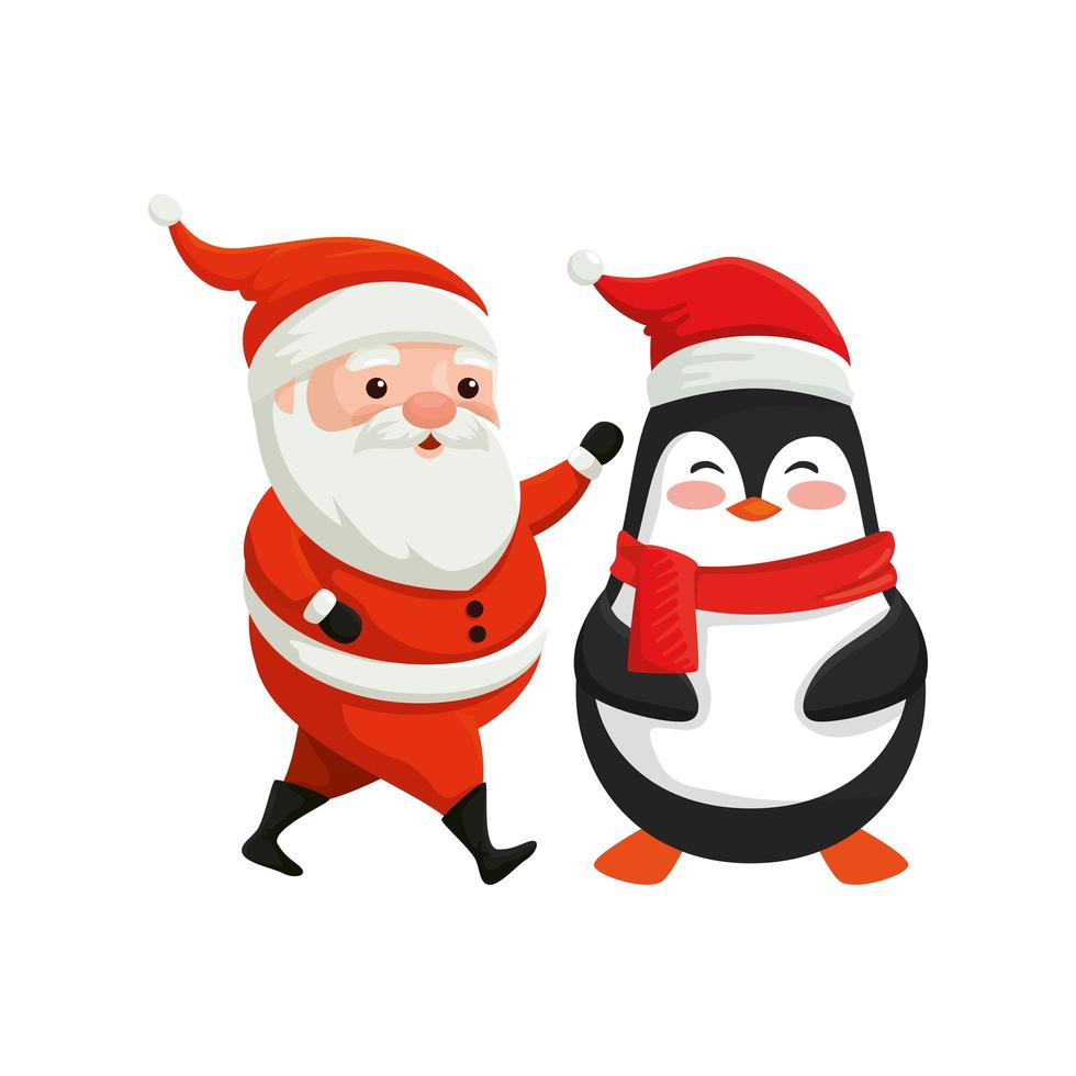 santa claus with penguin characters merry christmas vector