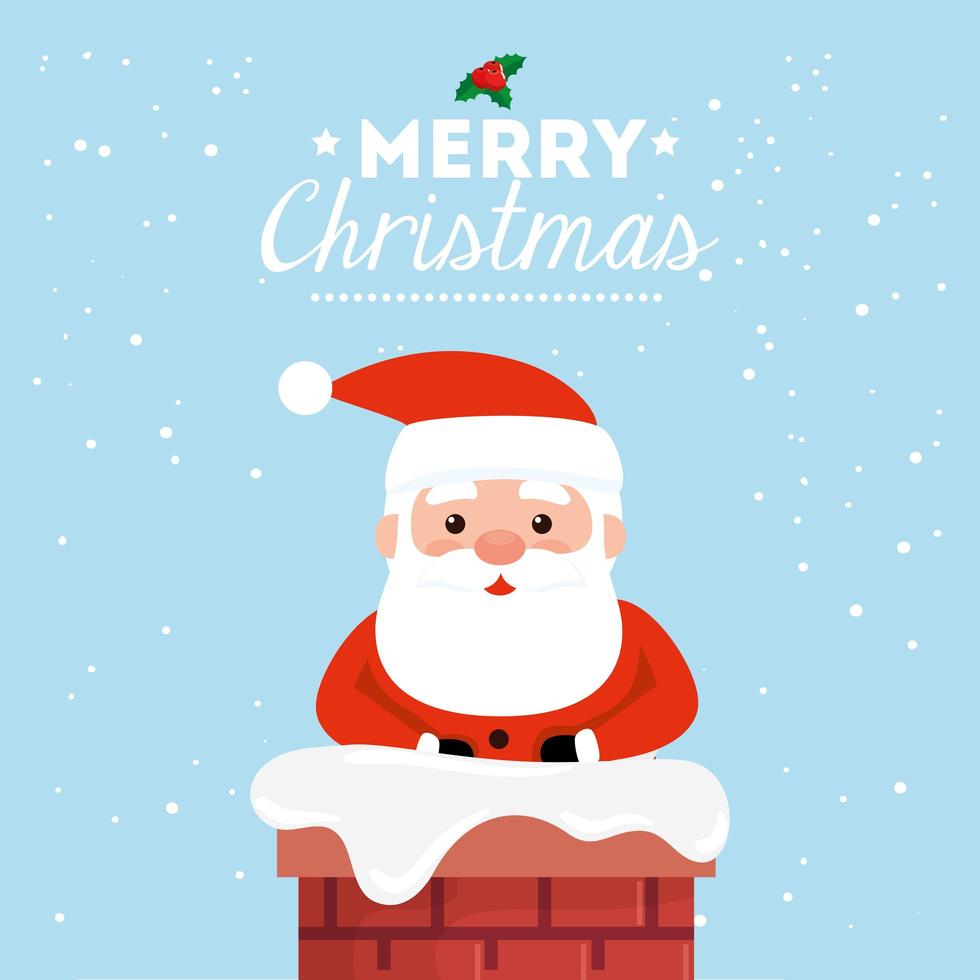 merry christmas poster with santa claus in chimney vector