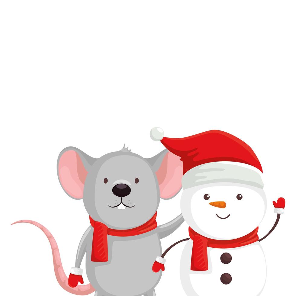 mouse with snowman character of merry christmas vector