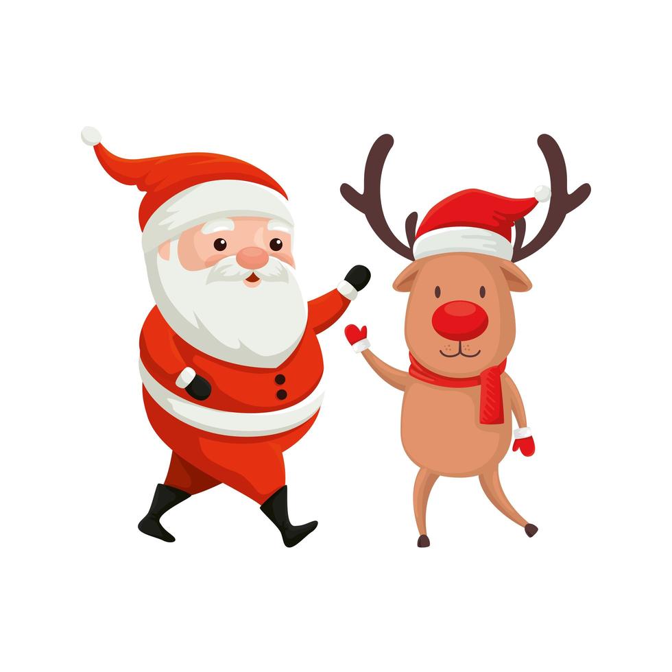 reindeer with santa claus characters merry christmas vector