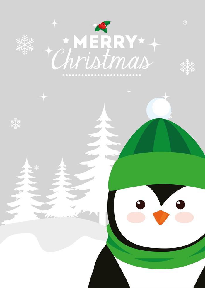 merry christmas poster with penguin in winter landscape vector