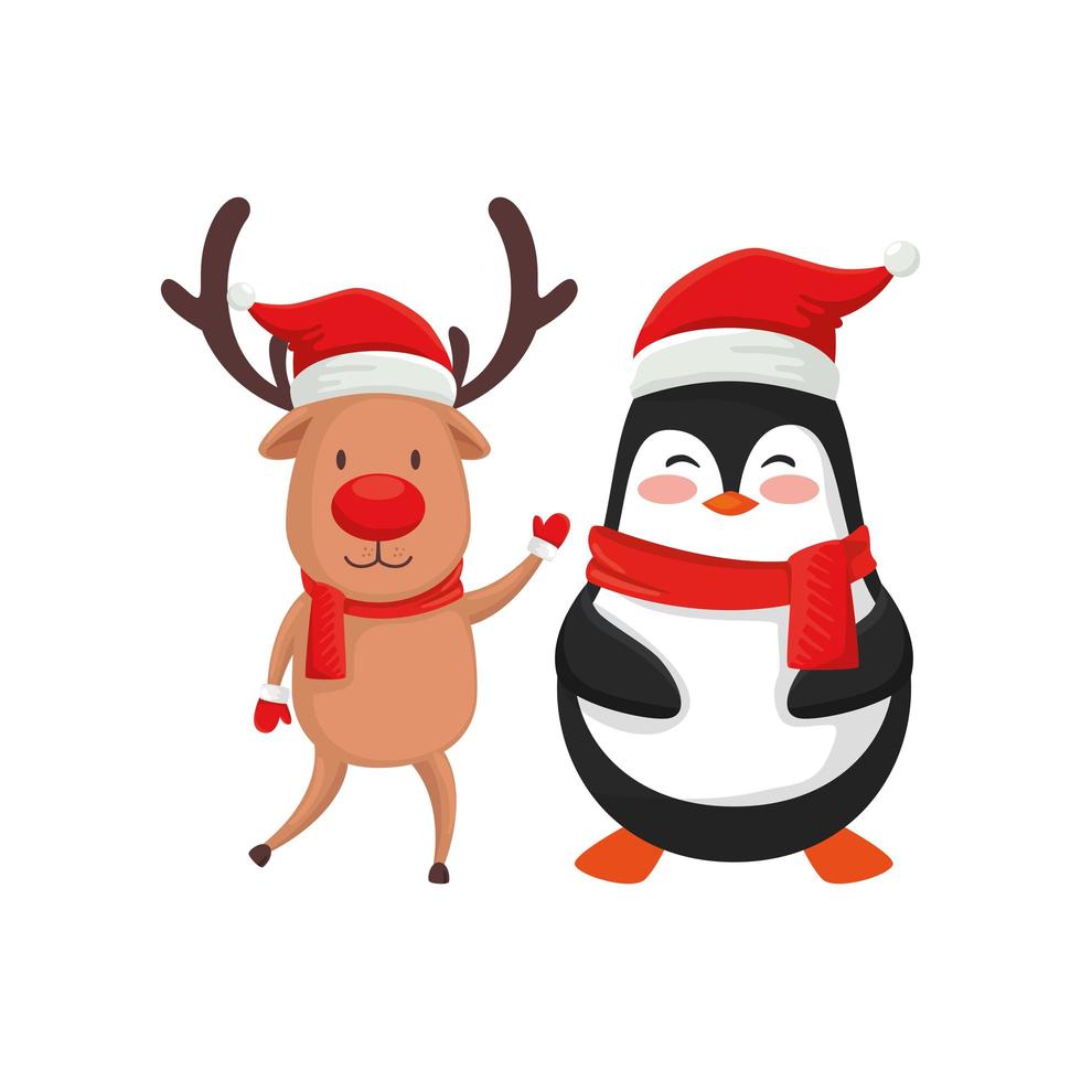 reno con personajes de pingüino feliz navidad vector