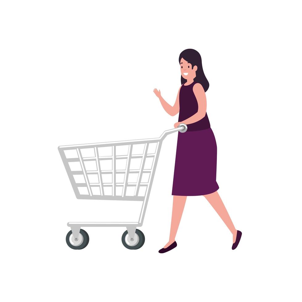 Bella mujer con carrito de compras icono aislado vector