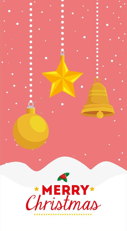 cartel de feliz navidad con bola y decoración colgando vector