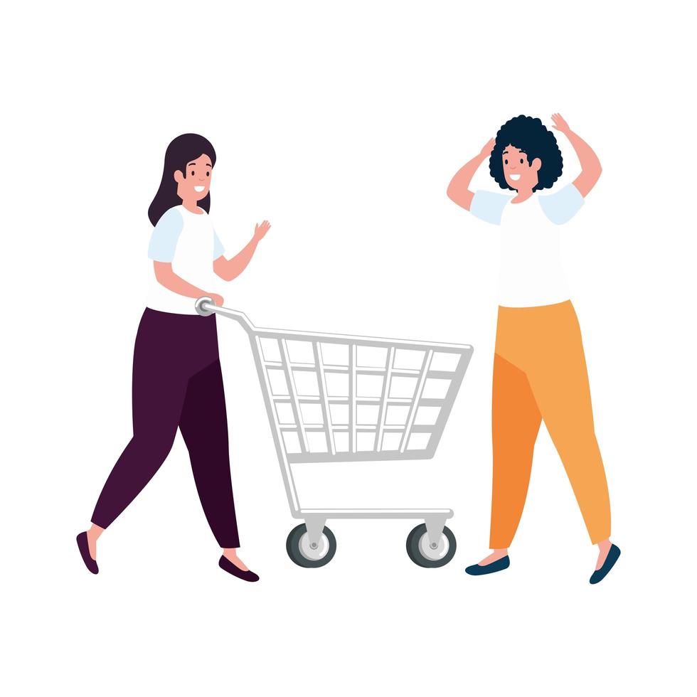 Hermosas mujeres con carrito de compras icono aislado vector