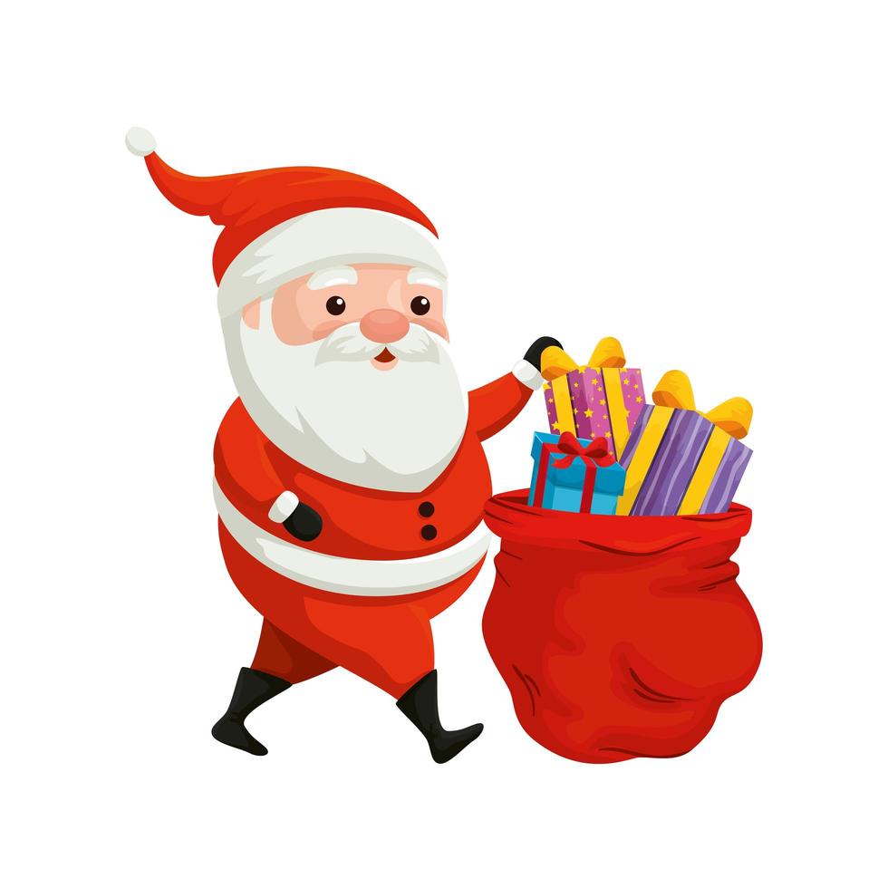 santa claus y bolsa con regalos de feliz navidad vector