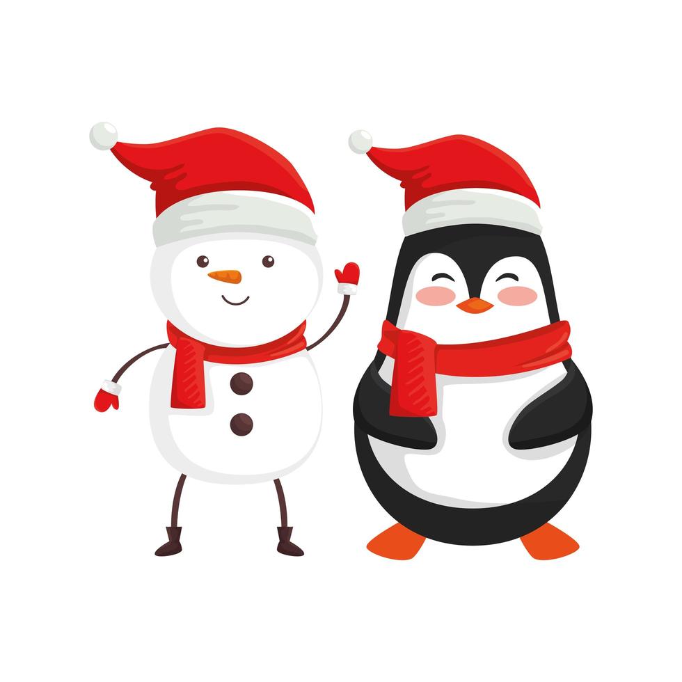 muñeco de nieve con pingüinos personajes de feliz navidad vector