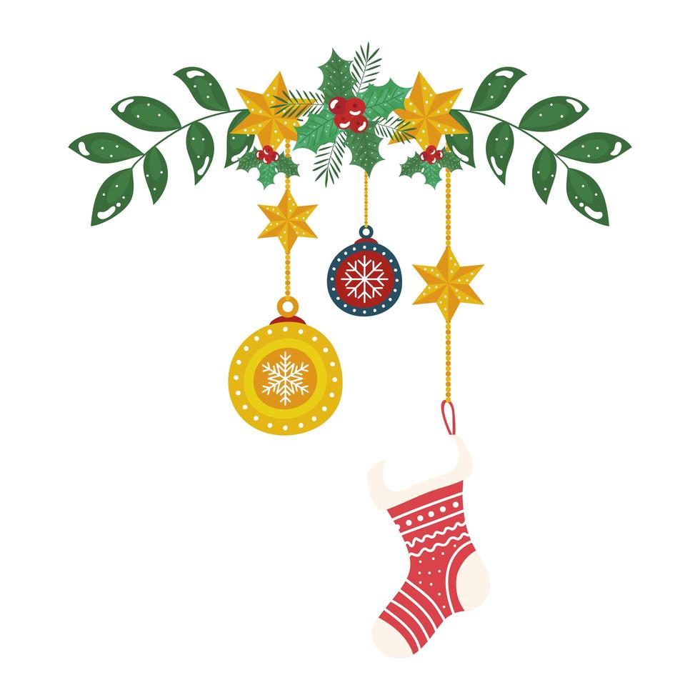 Calcetín con iconos decorativos navideños colgantes y ramas vector