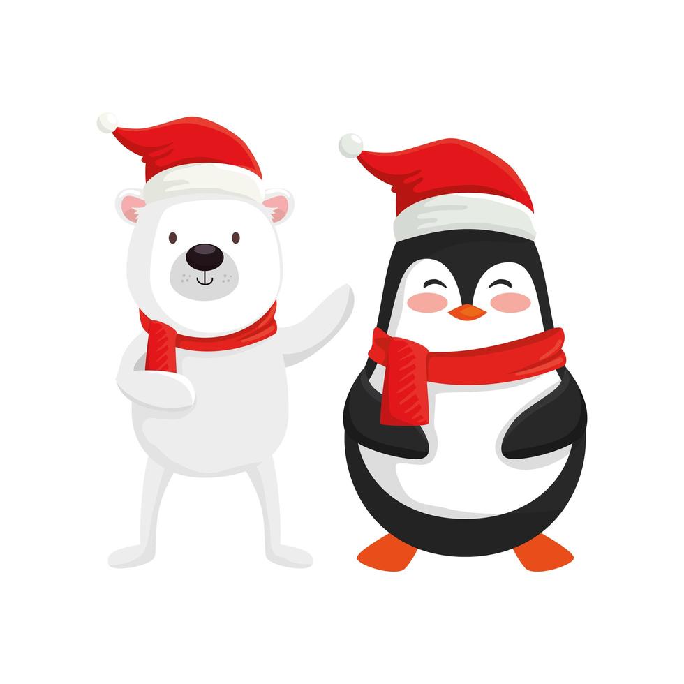 lindos personajes de oso y pingüino feliz navidad vector