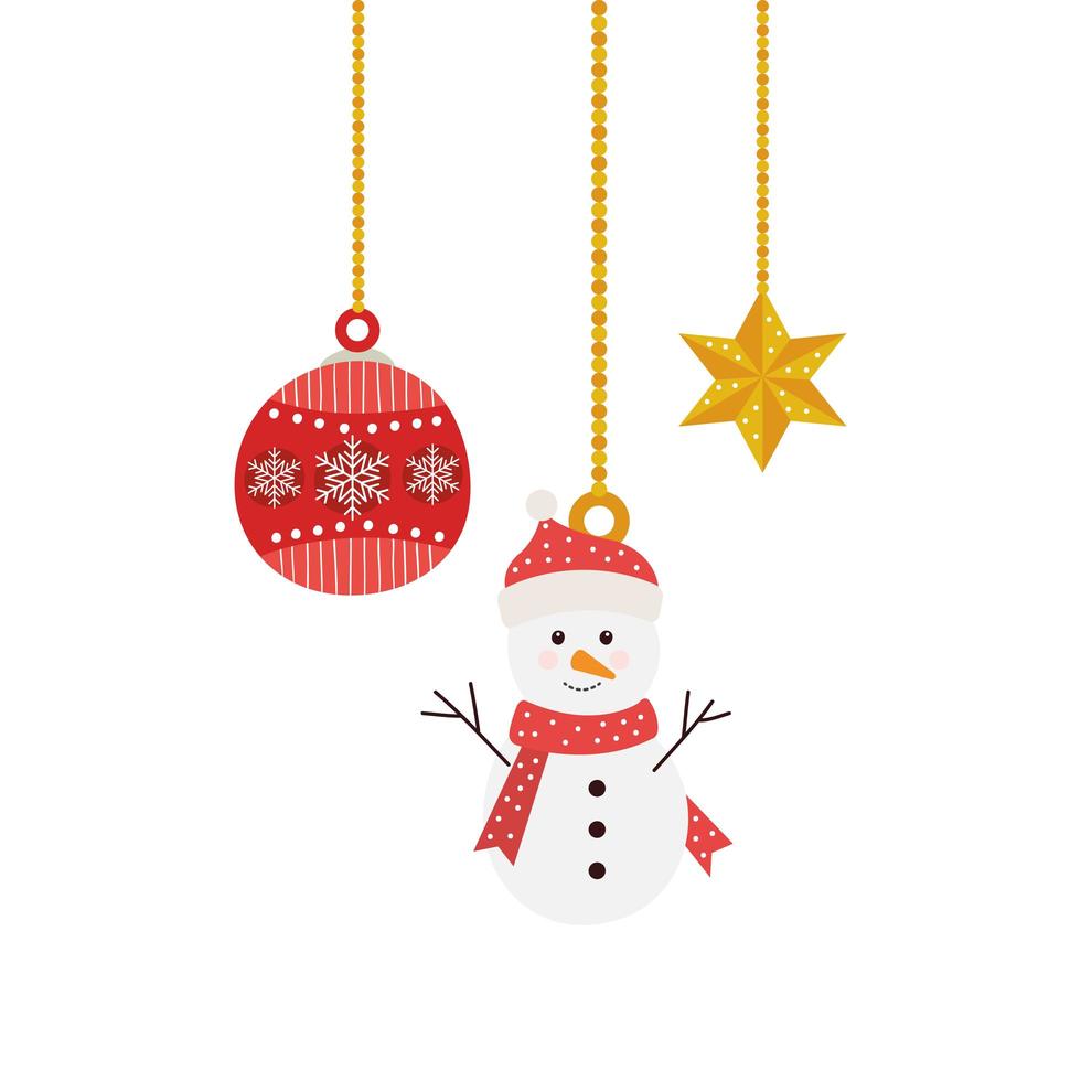 merry christmas snowman with ball and star hanging vector