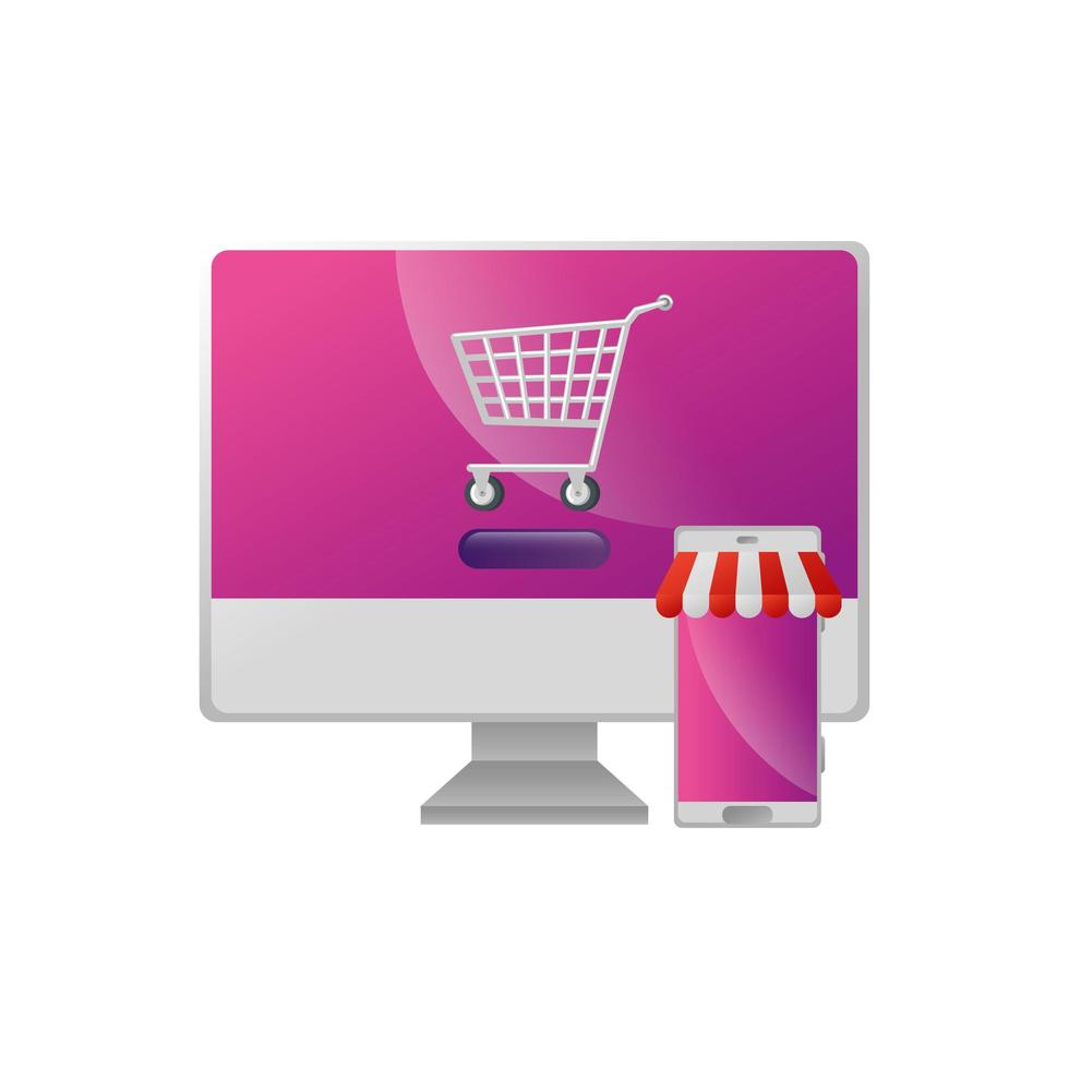 computer and smartphone with cart shopping vector