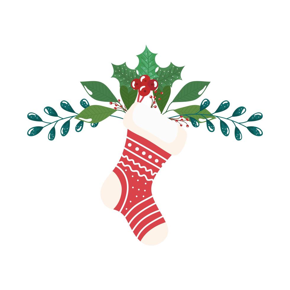 sock christmas decorative with branches and leafs vector