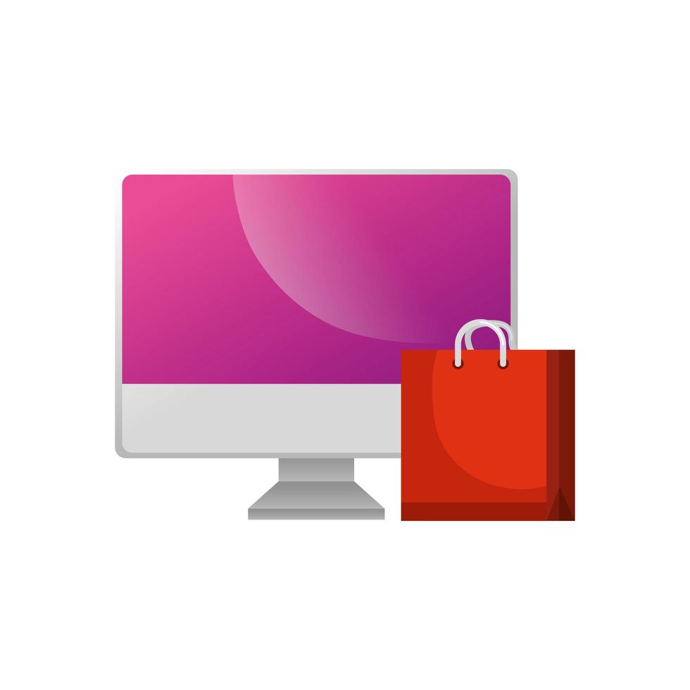 Computadora con bolsa icono aislado de compras vector