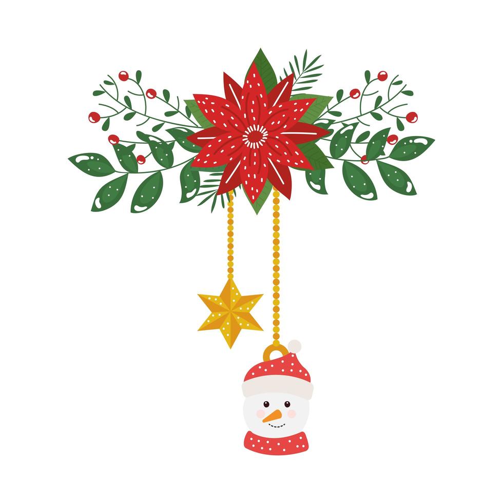 snowman and star hanging with flower christmas decorative vector