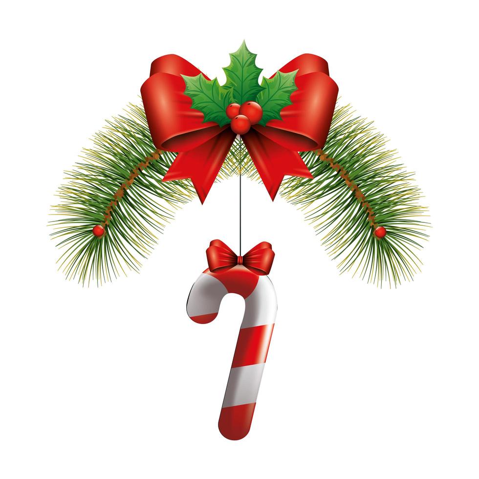 cane christmas with bow ribbon hanging vector
