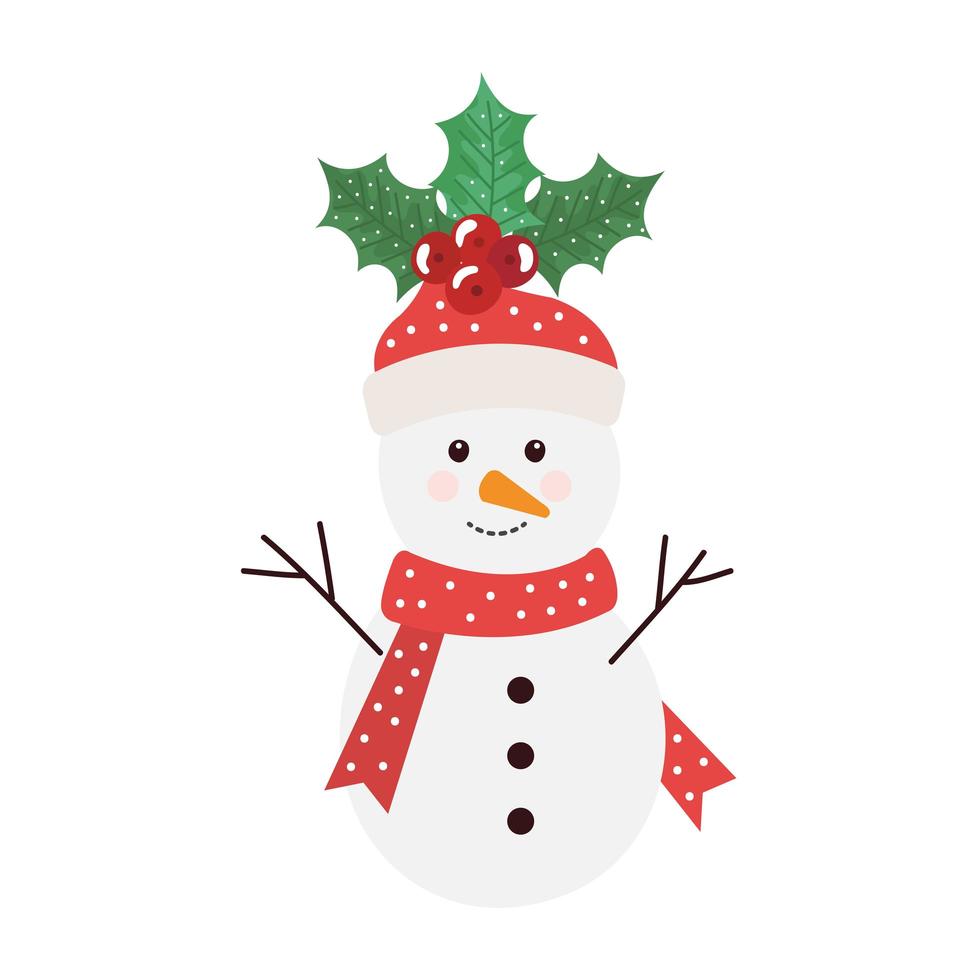 merry christmas snowman with leafs and seeds vector