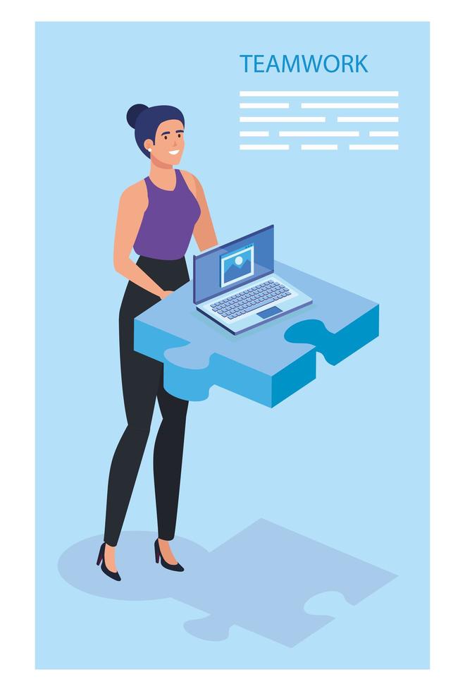businesswoman with puzzle piece and laptop vector