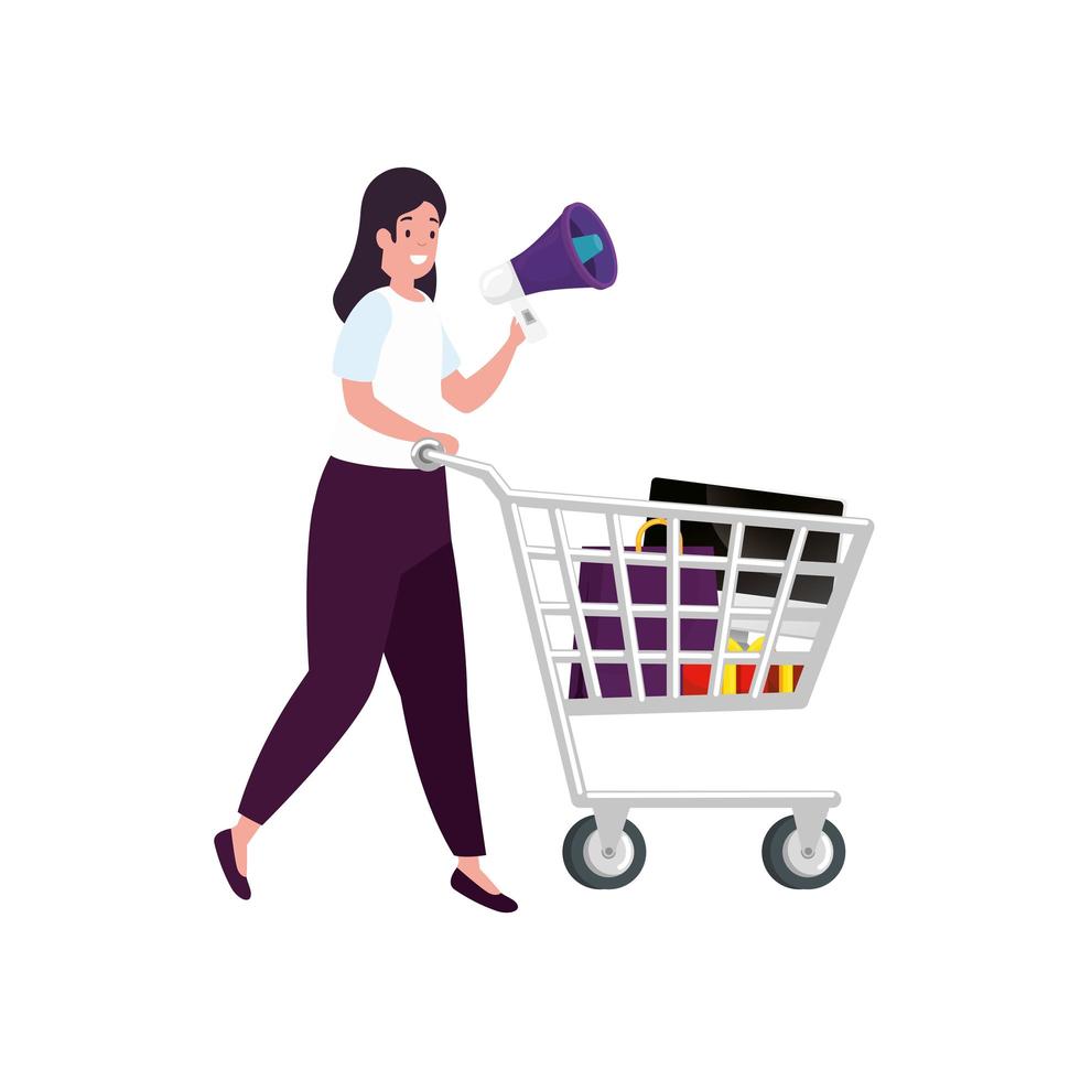 beautiful woman with cart shopping and megaphone vector