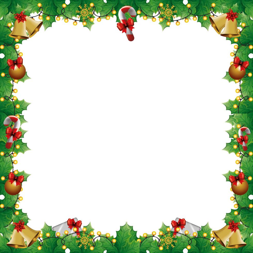 frame of leafs decoratives with lights christmas and decorations vector