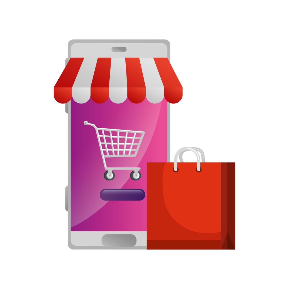 Smartphone con sombrilla y bolsa de compras. vector