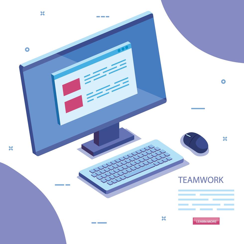 teamwork scene with computer desk icon vector