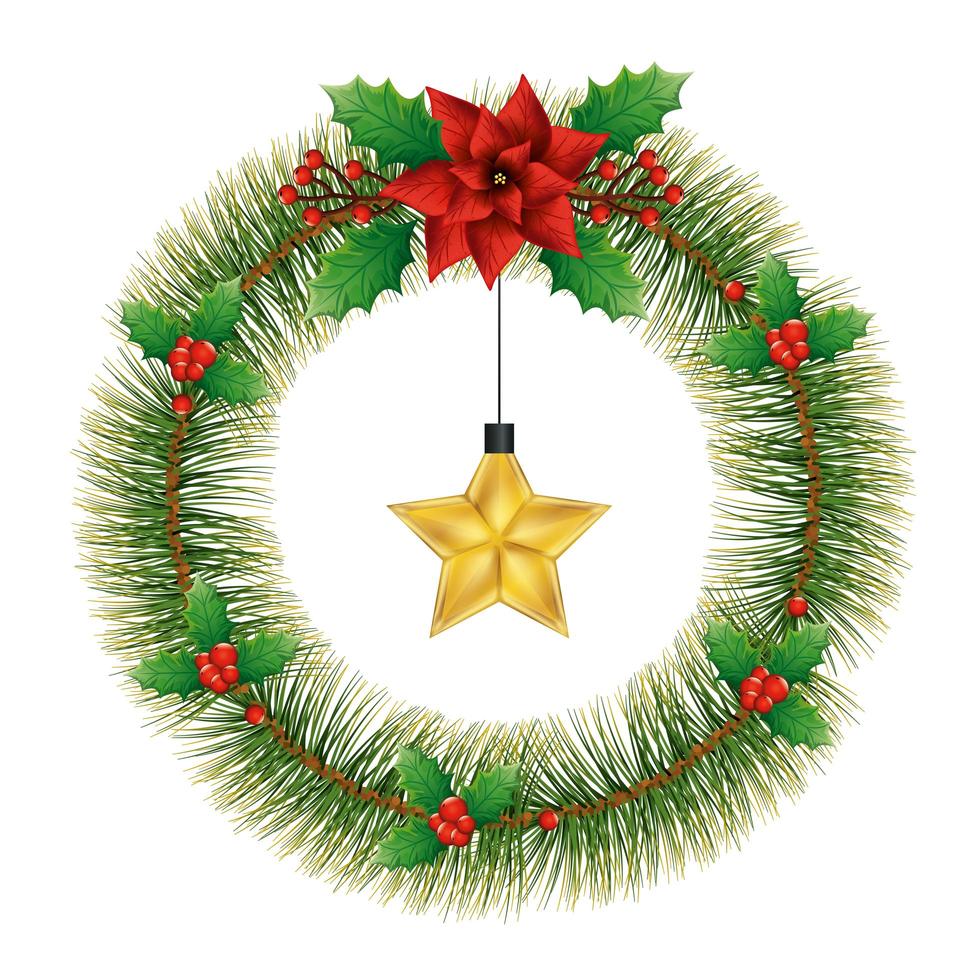 wreath of leafs tropicals for christmas with star hanging vector