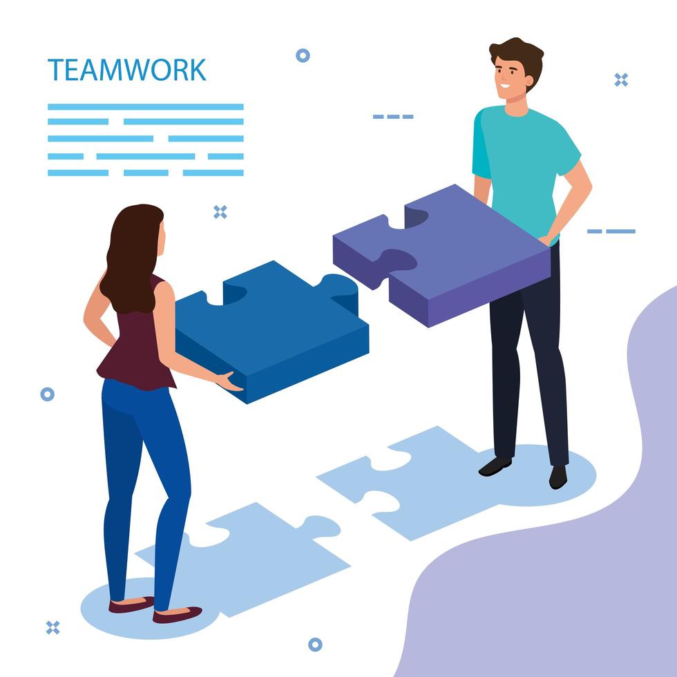 work team couple with puzzle pieces vector