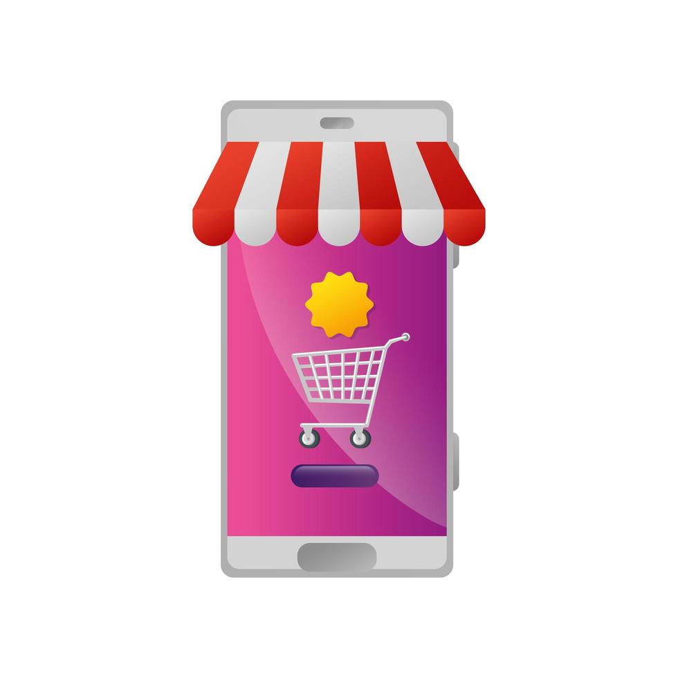 Smartphone con sombrilla y carrito de compras. vector