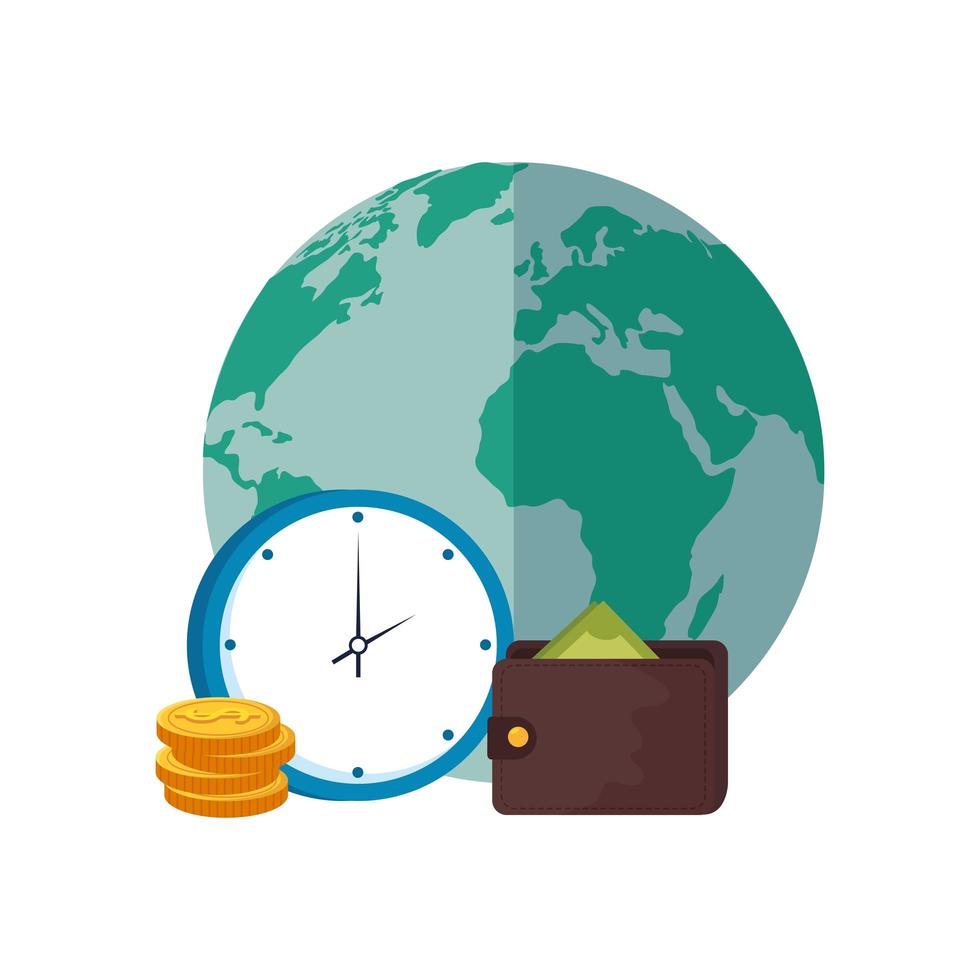 wallet with planet earth and clock vector