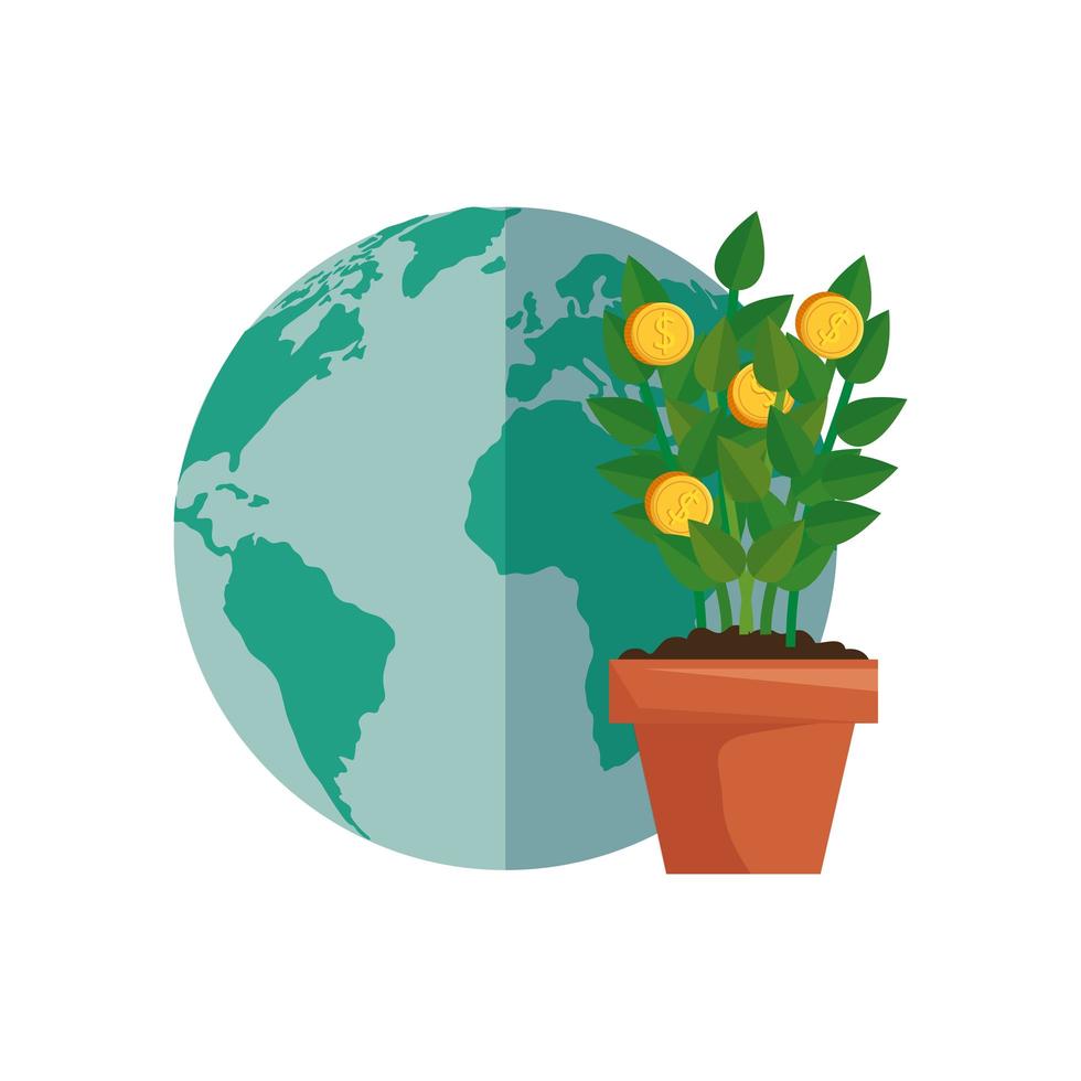 plant of coins with planet earth vector