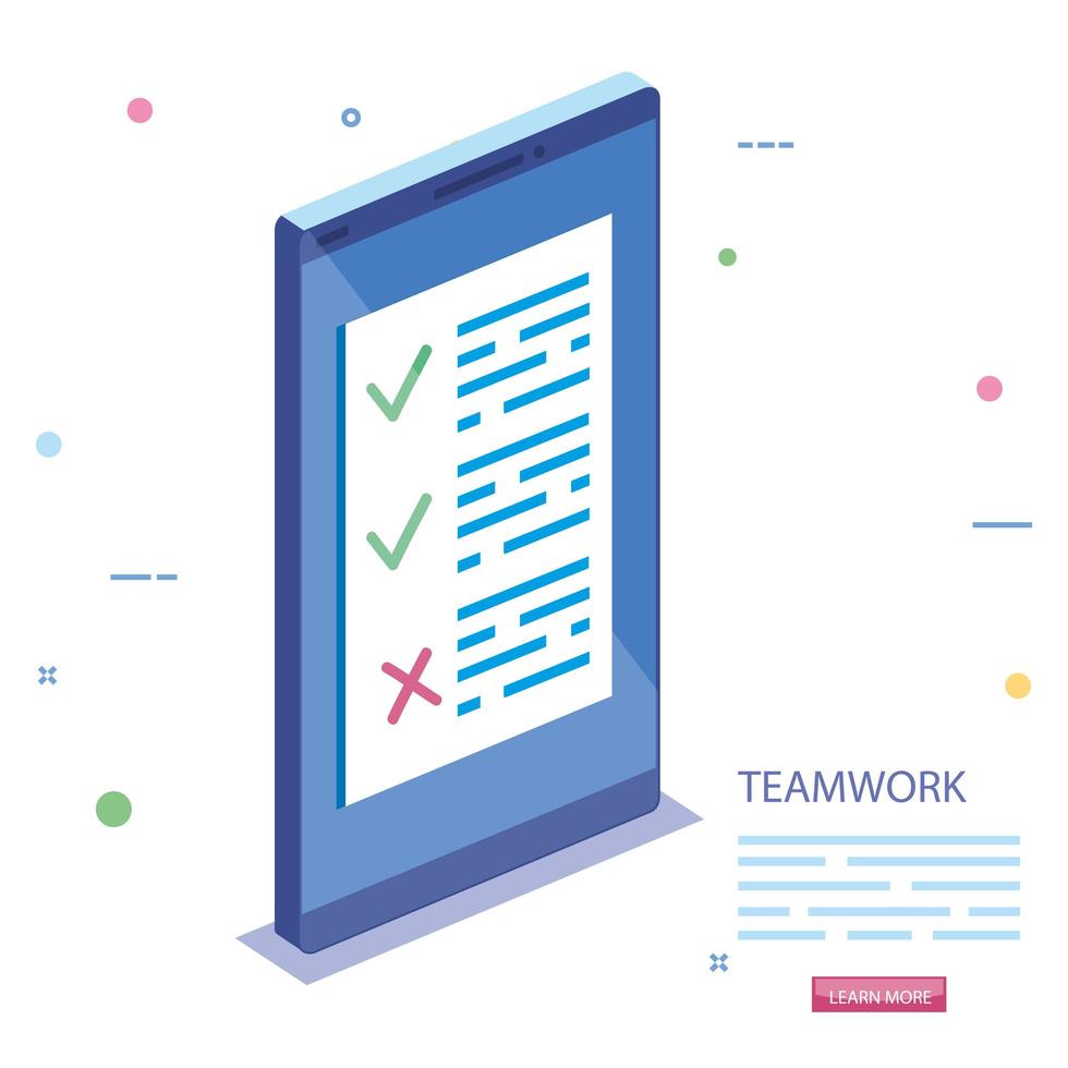 escena de trabajo en equipo con dispositivo de teléfono inteligente vector