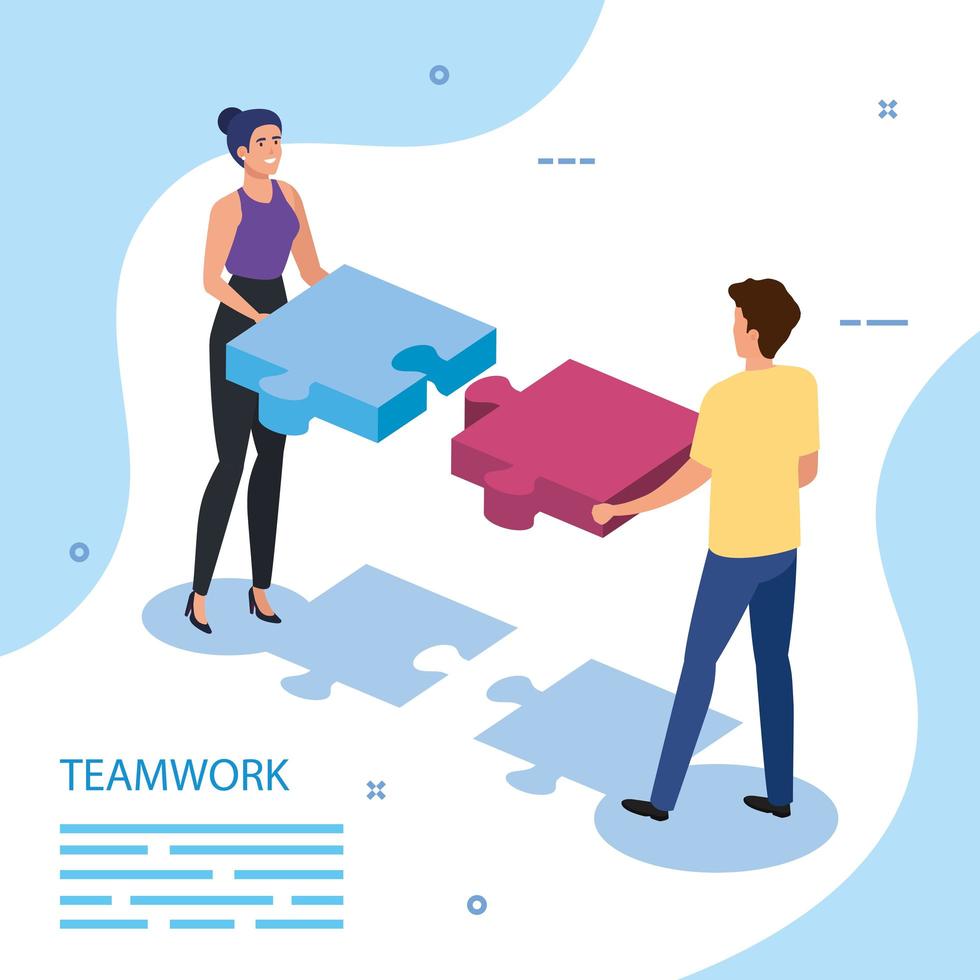 work team couple with puzzle pieces vector