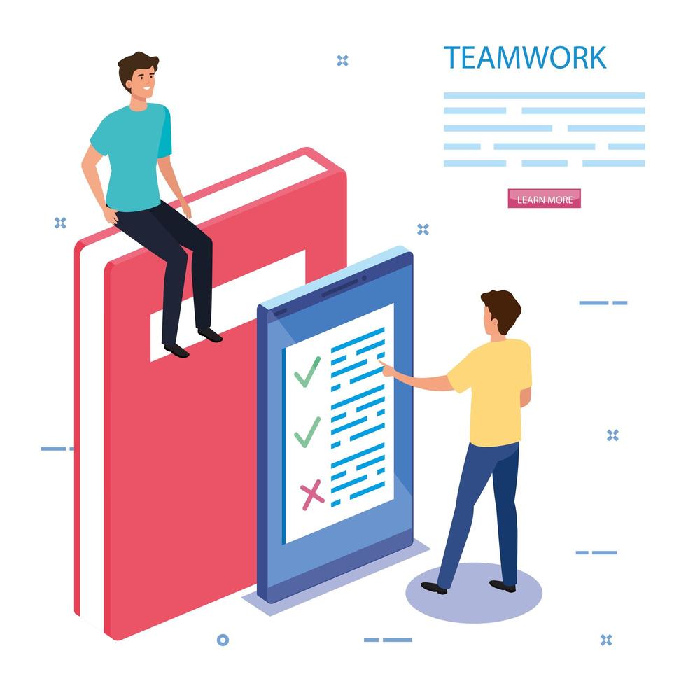 work team with book and smartphone vector