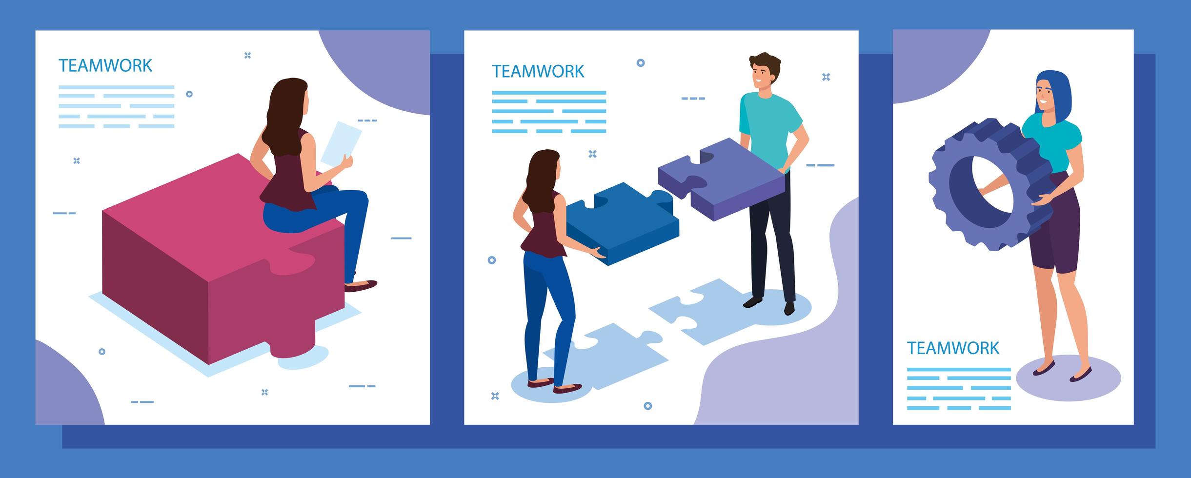 set work team scenes with people and icons vector