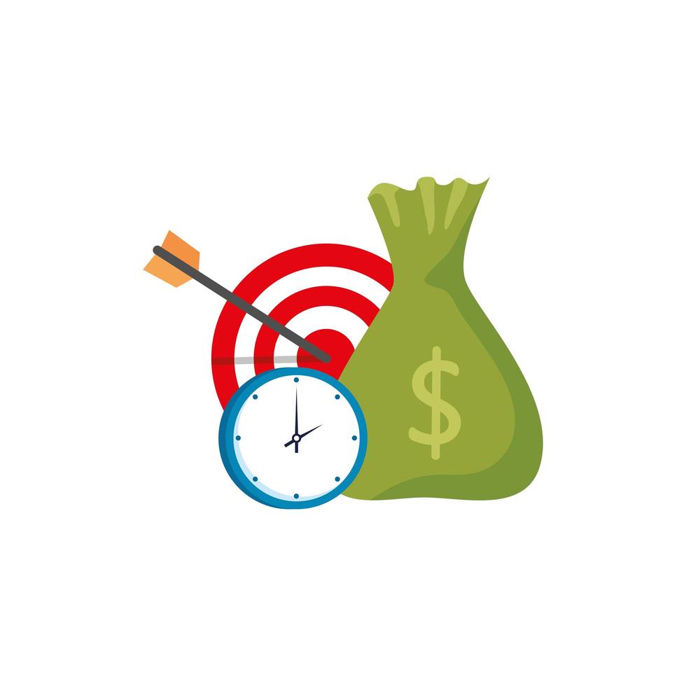 Objetivo con reloj y bolsa icono aislado de dinero vector