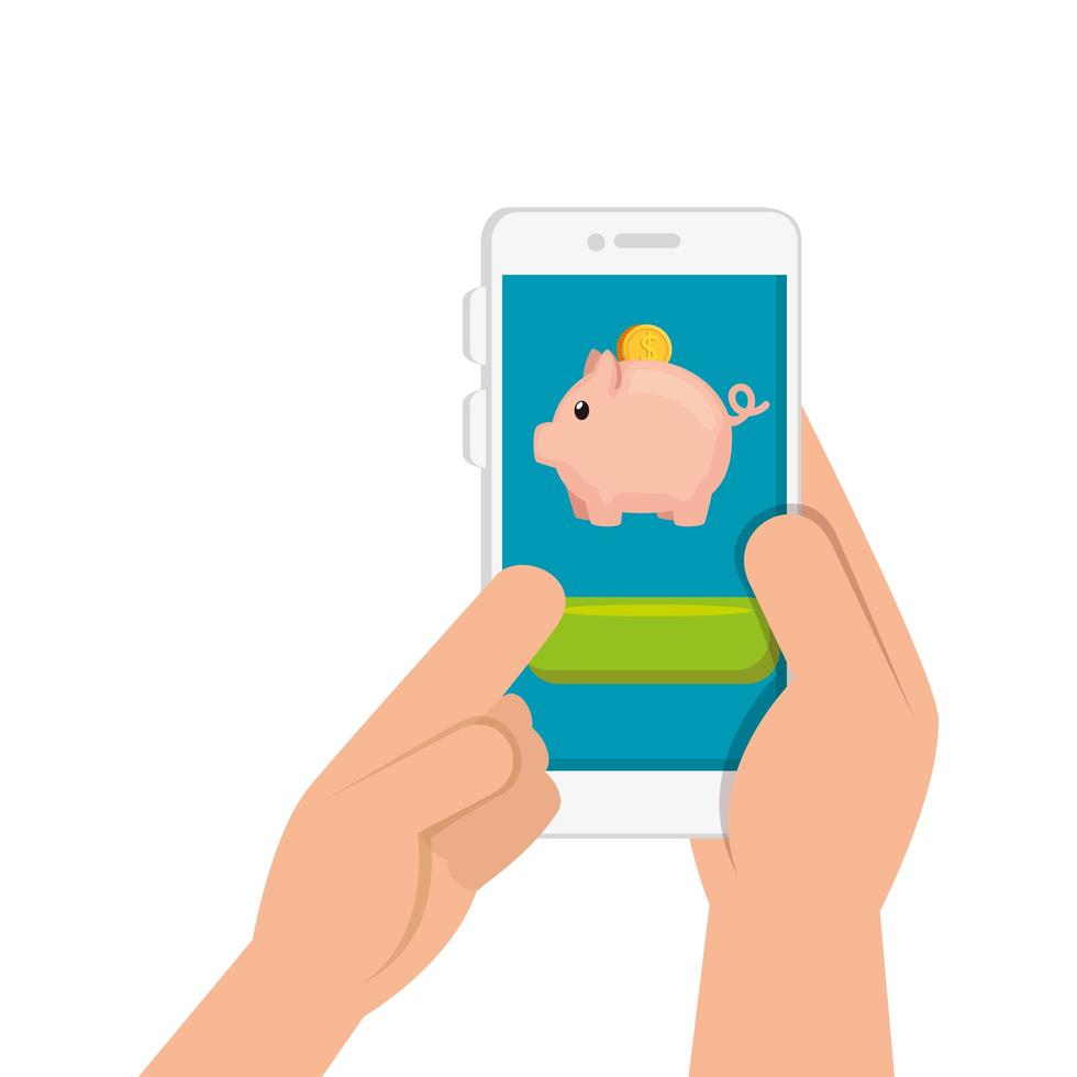 hand and smartphone with piggy bank vector