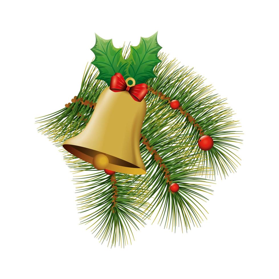 bell christmas decoration with bow ribbon and leafs vector