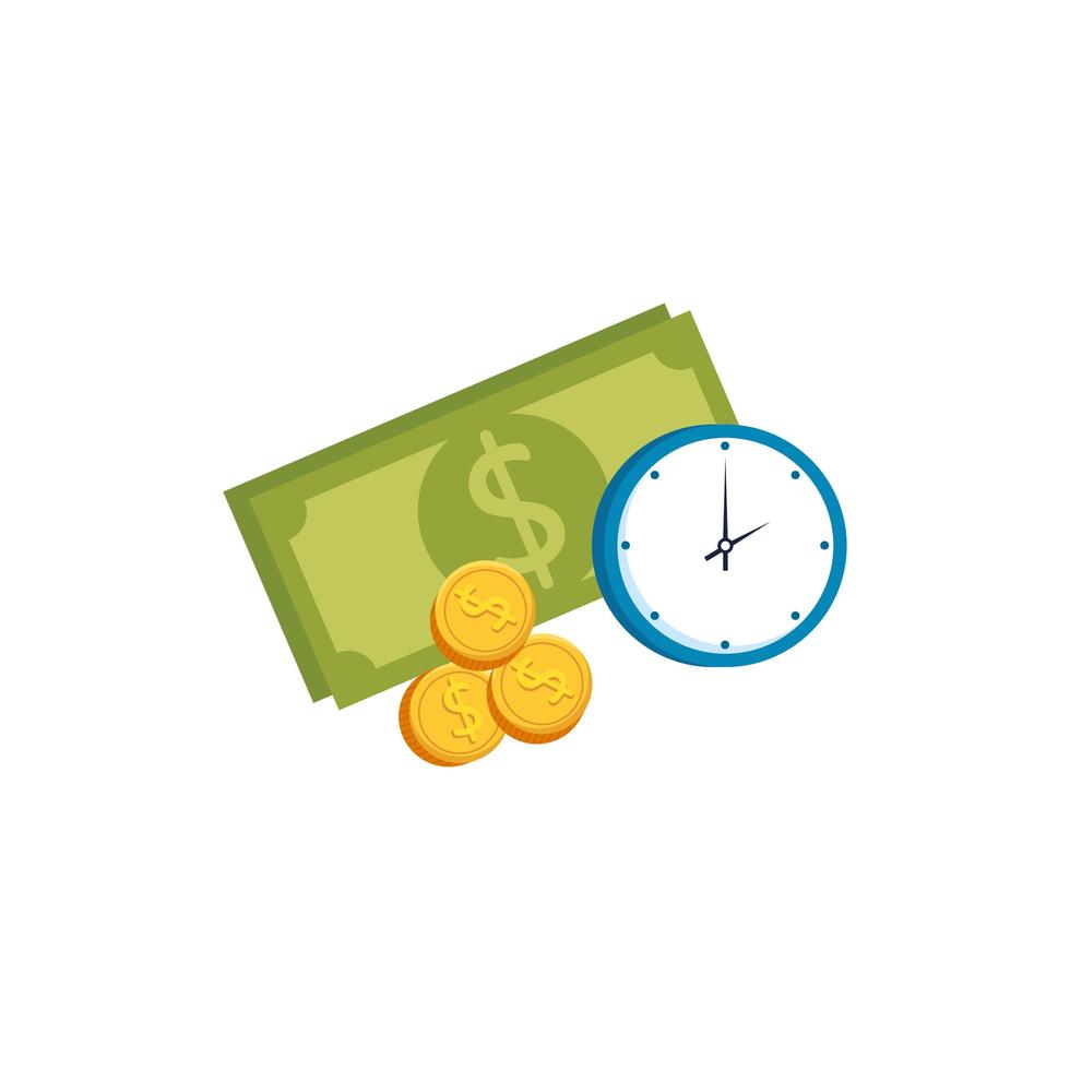 bill money with coins and clock isolated icon vector