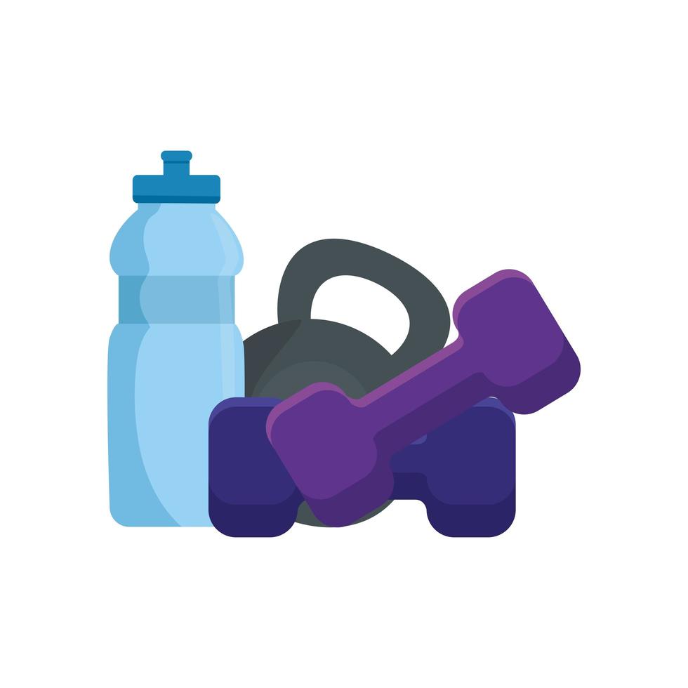 set of dumbbell equipment gym with bottle water vector