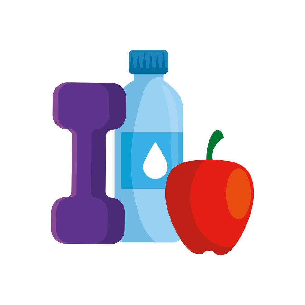 dumbbell with bottle water and apple vector